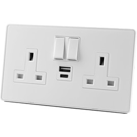 Glass Screwless - 13A 2Gang Switched USB Socket 20W PD3.0 USB C - WHITE