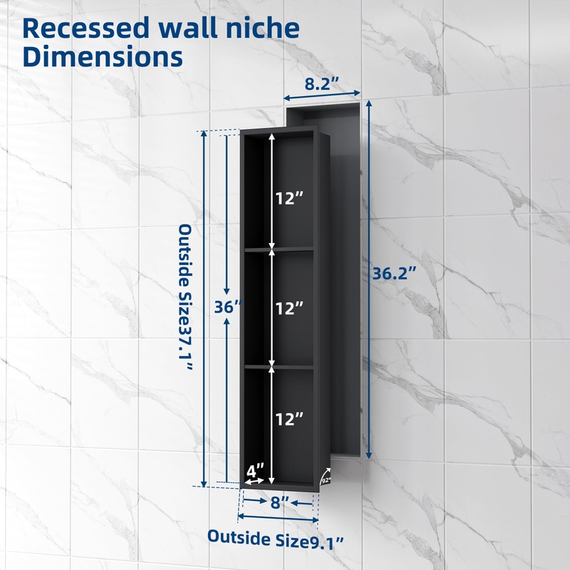 Neodrain 8X36 Inch Matte Black Three Layers Shower Niche, Stainless