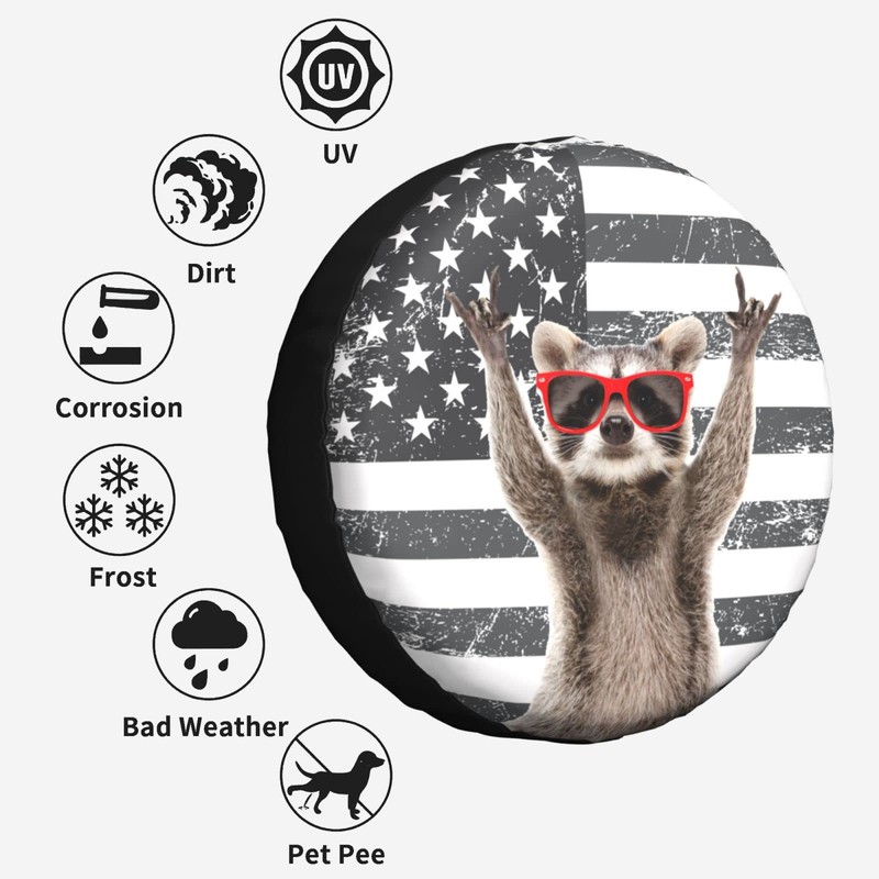 Funny Raccoon Spare Tire Cover Black White American Flag 15