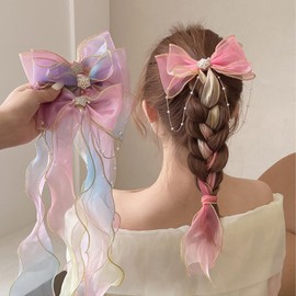 3Pcs Princess Bowknot Hair Barrettes, Girls Hair Accessories Ribbon Pearl Tassels Colorful Bows Alligator Clips for Wedding Birthday Party.