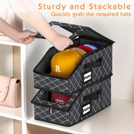 Dofilachy 2 Pack Stackable Hat Storage for Baseball Caps, Holds 28 Caps - Closet Organizer Box with Clear Window & Cardboard，Sturdy Snapback Hat Boxes for Home Storage (lozenge, 2)