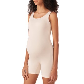 POSHDIVAH Women's Maternity Bodysuit Pregnancy Shapewear Sleeveless Scoop Neck Tank Top Shorts Romper Jumpsuit for Photoshoot Yoga Beige Medium