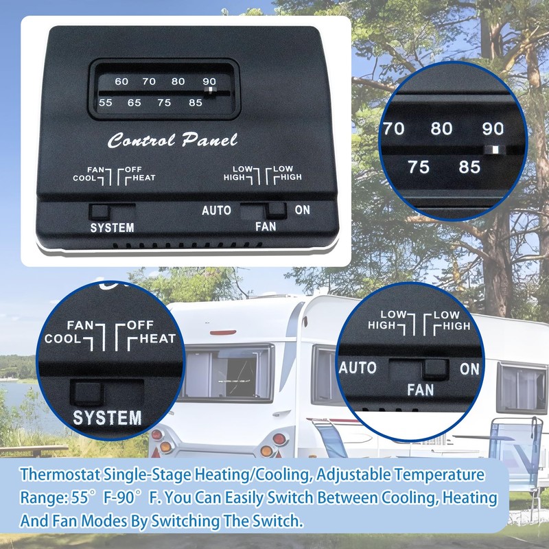 BIPIMIFI 7330F3852 RV Air Conditioner Thermostat, Black, Single Stage Heating/Cooling