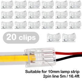 Flutesan COB LED Strip to Wire Connector 20 Pieces Waterproof LED Adapter Connectors Transparent Solderless LED Light Strip for Unwired Gapless Track Lighting(2 Pin, 10 mm)