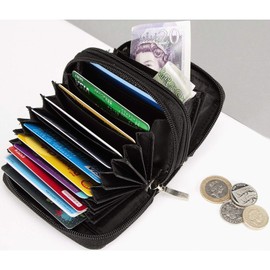 Black RFID Blocking Security Purse - Accordion Style Leather & Stainless Steel Wallet with 10 Card & 3 Cash Pockets, Prevents Credit Debit Card Scanning - Anti Skimming ID Identity Theft Protection