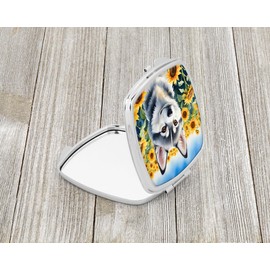 Caroline's Treasures Alaskan Klee Kai in Sunflowers Compact Mirror Decorative Travel Makeup Mirror for Women Girls Gifts Pocket Makeup Mirror Folding Handheld