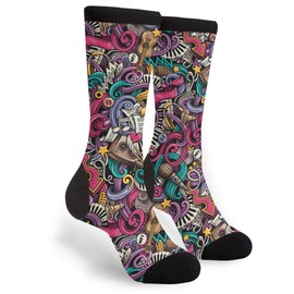 Yaateeh Colorful Music Note Musical Instrument Crew Socks Casual Mid Calf Dress Socks Long Tube Socks For Men Women Boy Girl