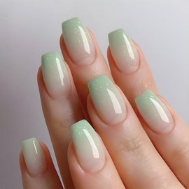 24Pcs Gradient Green Press on Nails Medium Square Fake Nails Glossy Full Cover Glue on Nails Nude Gradient Designs Reusable Static Acrylic False Nails Ballerina Artificial Stick on Nails for Women