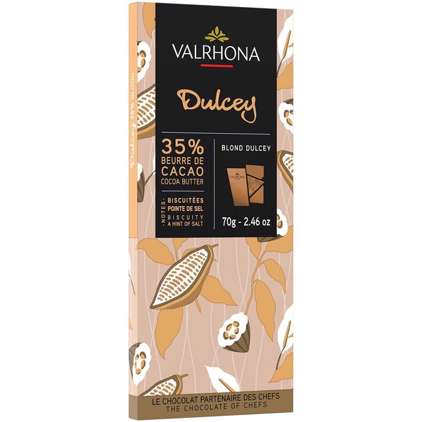 Valrhona Premium French Blonde Chocolate DULCEY 35% Cacao Tasting Bars - Creamy, Caramel Cookie Flavor Notes. Easy Melt and Tempering. Creamy and Balanced. Makes Luscious Frostings 70g (Pack of 1)