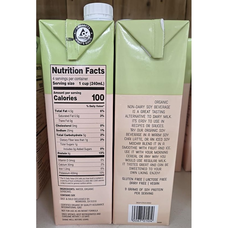 Trader Joe Organic Non-Dairy SOY Beverage Unsweetened 32fl oz 946ml