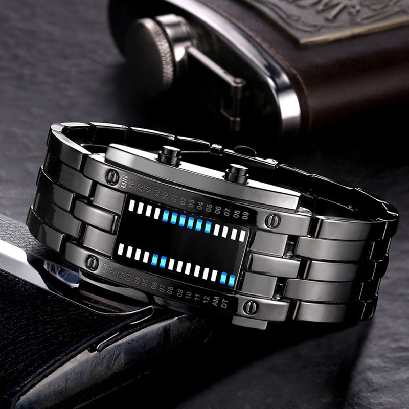 Dual Line Binary Watch Digital Blue LED Alloy Binary Fashion