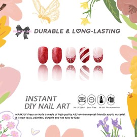 Christmas Press on Nails Short Oval MABKJLF Red French Tip Fake Nails Winter False Nails with Designs Snowflake Glitter Glossy Glue on Nails Xmas Acrylic Nails for Women Girls 24 Pcs