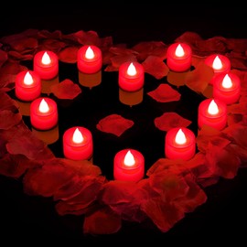 Honoson 600 Pieces Artificial Rose Petals with 12 Pieces LED Tea Lights Candle Romantic Candle for Romantic Night Valentine Anniversary Wedding Honeymoon(Red Light)