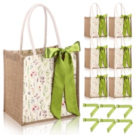 Paterr Wedding Burlap Tote Bags with Handle Jute Gift Bags with Silk Ribbon Wildflower Reusable Tote Handbags for Bridesmaid(6 Pack)