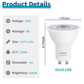 KOHEOPT GU10 LED Bulbs 5w (2 Pack),Dimmable 50W Equivalent,500LM 2700K Soft White Bulb,GU10 Base for Track Lighting, Kitchen,Range Hood,Living Room,Bedroom