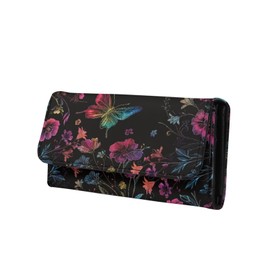 Jolamirel Neon Color Butterfly Floral PU Leather Wallet for Women, Colorful Butterfly Flowers Leather Large Capacity Card Holder, Black Phone Clutch Travel Long Purse