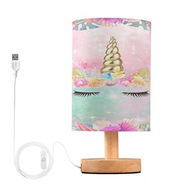 BOENLE Bedside Lamp Unicorn Table Lamp for Bedroom LED Nightstand Lamp Shade USB Ports Wood Base for Living Room Dorm Office