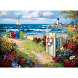 500 Piece Puzzles for Adults, Beautiful Beach 500 Piece Puzzle, Seaside Flowers Lighthouse Jigsaw Puzzles, Relaxing Gifts for Adults, Seniors and Kids, Finished Size 20.5” x 15”