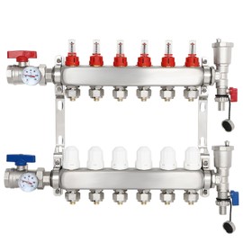 FAHKNS Radiant Heating Manifold, 6 Branch Pex Manifold with 1/2" Adapters for Hydronic Radiant Floor Heating Stainless Steel heating manifold Set