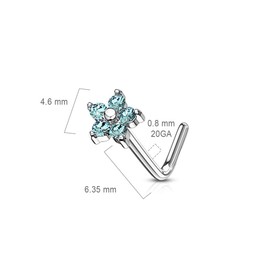 PiercedOff Gold Tone IP over 316L Surgical Steel L Bend Flower Nose Stud with Clear CZ Petals - Thickness 20GA (0.8mm) / Length 6mm / Flower Size 4.6mm