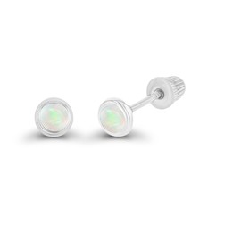 Solid 14K White Gold 3mm Round Natural Opal October Birthstone Bezel Screw Back Stud Earrings