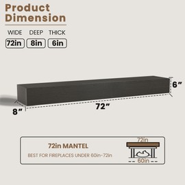 Fireplace Mantel 72 Inch,Handcrafted Solid Ash Veneer Over Engineered Wood,Wall Mounted Rustic Wood Display Shelf with Invisible Heavy Duty Wood Bracket,72"x 8"x 6"-Dark Grey