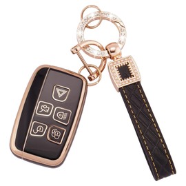 ECOMAID Range R-Over Key Cover for L-and Discovery LR4 Range R-Over Sport Evoque Jaguar XF XJ XJL F-pace, Range R-Over Evoque Key Fob Cover, 5 Button TPU Jaguar Key Cover + Leather Rope Clasp (Black)