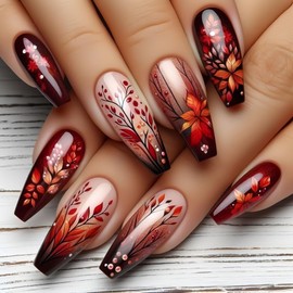 24 Pcs Fall Leaf Press on Nails Medium Coffin Maple Leaf Fake Nails with Red Brown Leaf Designs False Nails Full Cover Glossy Gradation Brown French Acrylic Nail for Women Autumn Nail Decoration