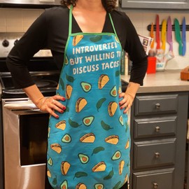 Crazy Dog T-Shirts Introverted But Willing to Discuss Tacos Funny Cinco De Mayo Graphic Kitchen Accessories Funny Graphic Kitchenwear Cinco De Mayo Cool Food Novelty Discuss Oven Mitt + Apron