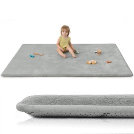 Huloo Sleep Baby Play Mat for Floor,1.3" Thick Elasti-Foam 50"×74" Playpen Mat for Tummy Time,Water Repellent Soft Coral Velvet for Toddler,Infant,Kids,Non-Slip Backing Safe for Crawling(Light Grey)