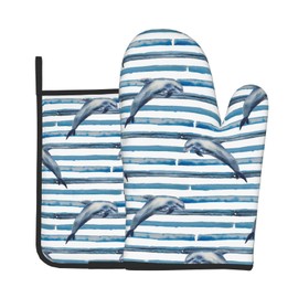 Dolphin Pattern Oven Mitts and Pot HoldersSets of 2，Heat Resistant Microwave Gloves Non-Slip Pot Pads Set for Kitchen Cooking Baking Grilling BBQ
