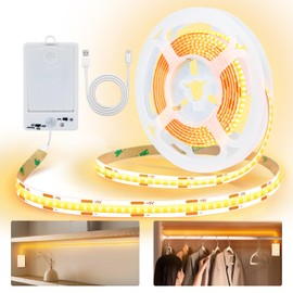 OMIKA COB Motion Sensor Light Strip Indoor, 6.56ft 640LEDs 2700K Warm White 1500mAh Rechargeable Closet Light, Cuttable Self Adhesive LED Lights for Bedroom, Cabinet, Shelves, Pantry, Stairs