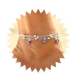 Xduargs Boho Layered Evil Eye Ankle Bracelet Vintage Demon Eye Foot Chain Silver Blue Eye Chain Bracelet Summer Beach Adjustable Ball Ankle Bracelet Jewelry for Women and Girls