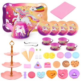 ARANEE Tea Set Toys for Girls Unicorn Toy for Tea Party with Tea Bags and Lemon Slices, Variety Dessert, Teapot Tray, Tablecloth&Carrying Case, Kitchen Toys for Age 3 4 5 6 7 8 Girls