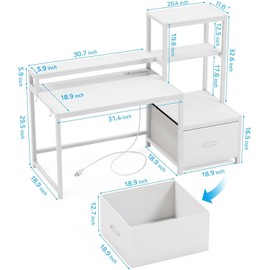 GreenForest Computer Desk with Drawers and Monitor Stand, Home Office Desk with Storage Shelves, Small Gaming Desk with Power Outlets and LED Lights for Study Writing Working, 51 inch White