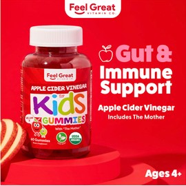 Organic Kids Apple Cider Vinegar Gummies by Feel Great Vitamins | Rich in Digestive Enzymes & Natural Antioxidants for Gut Health | Kids Gummy Supports Healthy Nutrient Absorption | 60 Day Supply