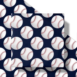 RUSPEPA Baseball Wrapping Paper Roll for Boys, Mini Roll, Classic White Baseball Design, Navy Blue Gift Wrap Paper for Sports Birthday, Baseball Party, Game Day, 17 Inches x 16.4 Feet
