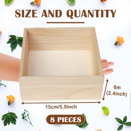 8 Pack Unfinished Wooden Box, 6 x 6 Inch Square Rustic Small Wooden Box Craft Organizer Container Box for Storage, Home Decor, Art Collectibles, Desktop Decor, Succulent Plant Pot, Drawer, DIY Craft
