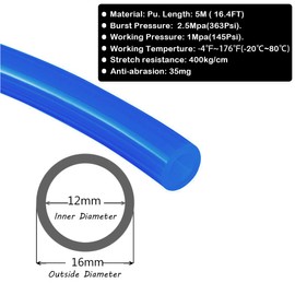 Beduan 16mm x 12mm Blue Pneumatic Tubing Pipe PU Polyurethane Air Compressor Tubing Hose Pipe Line Fluid Transfer 16.4ft 5 Meter