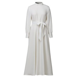 Church Clergy Dress for Women Long Sleeve A Line Elegant Maxi Dress with Tab Insert Stand Collar and Belt White