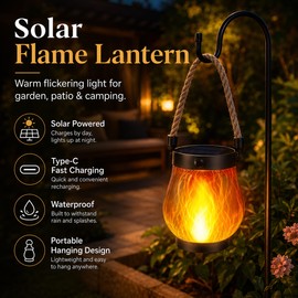 Solar Flame Rope Lantern for Outdoor Décor – Type-C Rechargeable Hanging Lamp for Garden, Patio and Camping