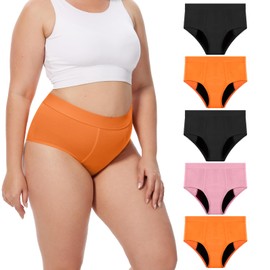 ToVii ToVii Women's Plus Size Period Underwear Heavy Flow Washable Leak Proof Underwear High Waist Period Panties Black+Orange+Pink 2XL 5-Pack-01