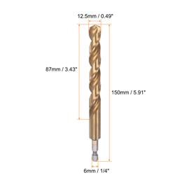 HARFINGTON 1/4" Hex Shank Drill Bit 12.5mm Titanium Drill Bits Set M35 High Speed Steel Twist Drill Bit 150mm Long Fully Ground for Wood, Stainless Steel, Metal, Plastic Plastic