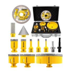 HIGHDRIL 13Pcs Diamond Hole Saw Kit - 1/4", 5/16", 3/8", 1", 1-3/8", 2", 3", 5" Drill Bits with 2" Chamfer Bit, 4/5" Finger Bit, Adapters for Tile Porcelain Ceramic Granite Marble Stone