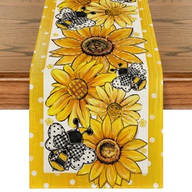 Artoid Mode Yellow Sunflower Bees Spring Table Runner, Seasonal Summer Kitchen Table Decoration, Indoor, Holiday, Party Decor, 40 x 180 cm