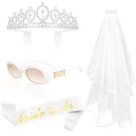 Edussy 4 pcs Bachelorette Party Favors Set,Bridal Tiara,Bride Sunglasses,Bachelorette Sash and Bridal Embroidered Veil for Bride to Be Gifts and Bridal Shower Decorations