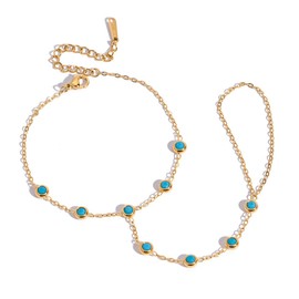 Bohemian Blue Turquoise Hand Chain Ring Bracelet for Women Stainless Steel 18k Gold Plated Dainty Fashion Natural Stone Adjustable Linked Stackable Finger Ring Bracelet Trendy Jewelry