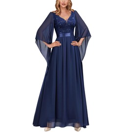 MIUSOL Women's Elegant Sequin Insert Lace Sheer Chiffon Deep V Neck Flare Sleeve Evening Prom Formal Long Dress (Small, Navy Blue)