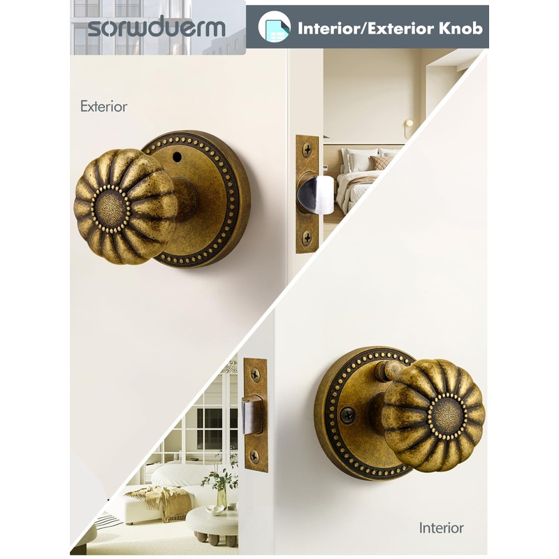 SORWDUERM Antique Brass Door Knobs Interior Privacy Door Knob for