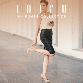 IDIFU Women's Tracy Platform High Heels Closed Toe Pumps Strappy Cross Ankle Strap Shoes for Casual Work Wedding (7.5 M US, Nude Pu)